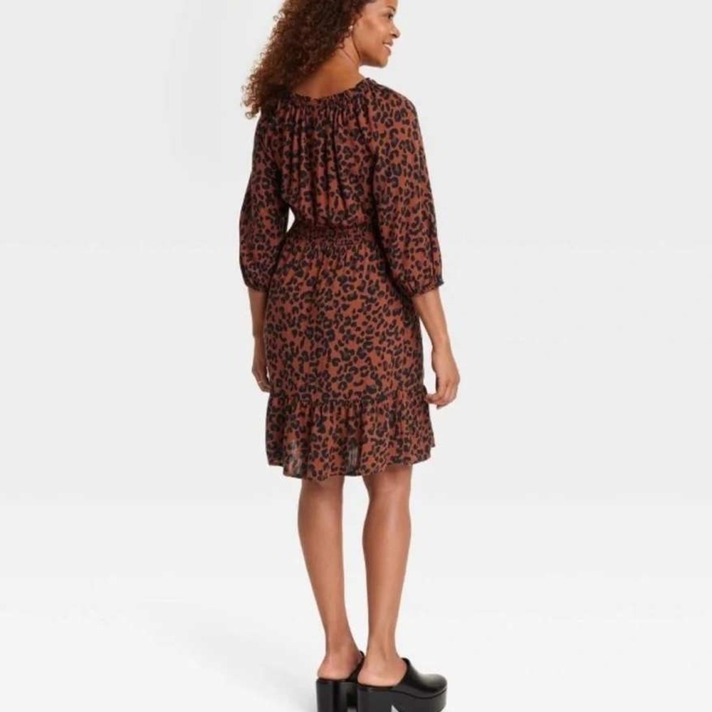 Knox Rose Leopard Print Smocked Waist Boho Tiered A-Line Dress Brown Size M - Picture 3 of 8